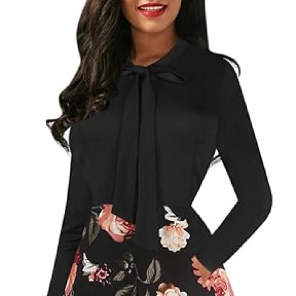 Oxiuly Black Floral Long Sleeve Dress Pockets Size XXL NWOT